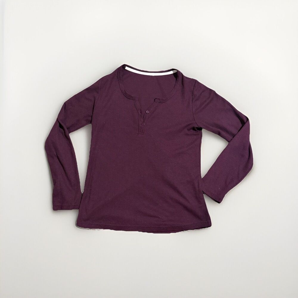 Womens Ribbed Henley Long Sleeve Top M Burgundy Wine Stretch Casual Shir